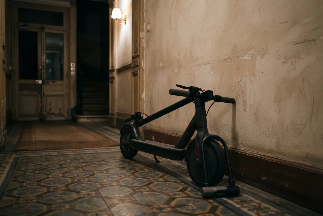 trottinette électrique pliée dans une entrée, un antivol en U posé contre la roue avant