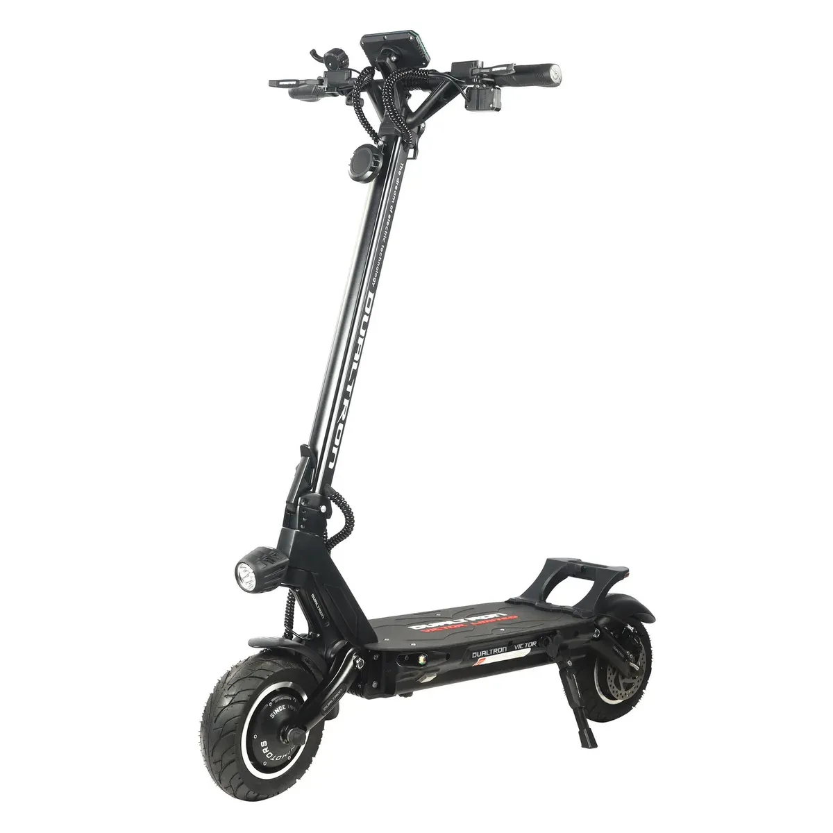 Trottinette électrique Dualtron Victor LTD noire, colonne dépliée, vue de trois quarts