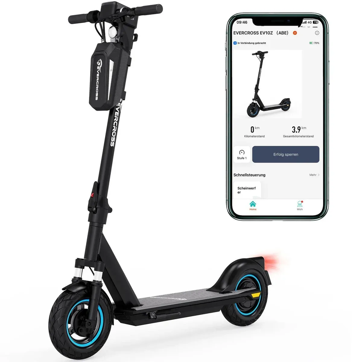Trottinette électrique Evercross EV10Z noire dépliée, avec sa sacoche de guidon et ses pneus pleins à liseré bleu