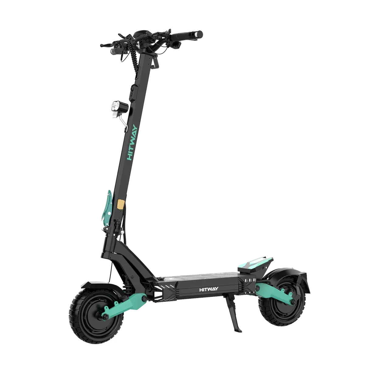 Trottinette électrique Hitway H11 noire et vert pétrole, vue de profil, guidon déplié