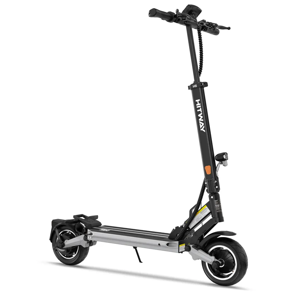 Trottinette électrique Hitway H6 noir et gris, dépliée, vue de profil