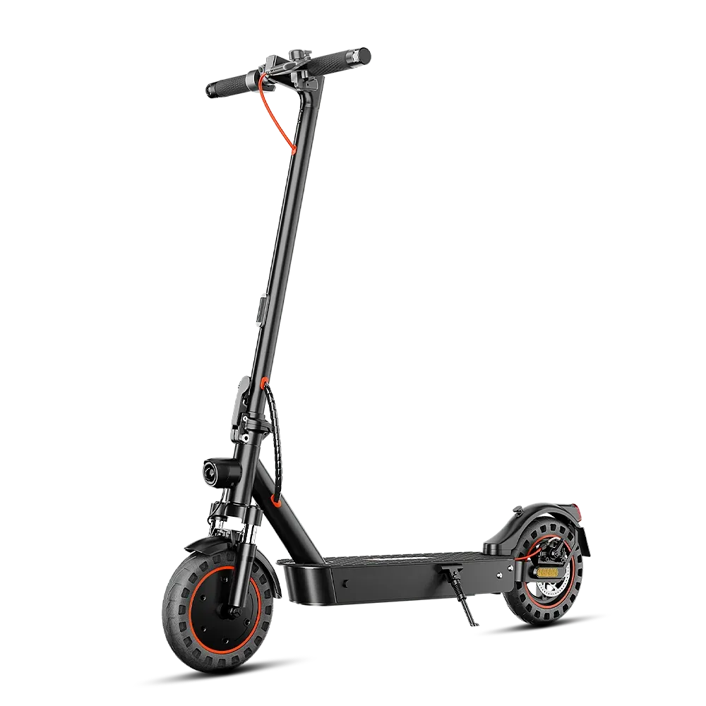 Trottinette électrique iScooter i9MAX noire à liserés rouges, vue de profil, guidon déplié