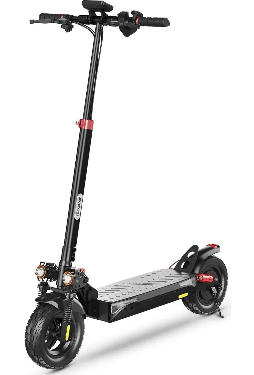 Trottinette électrique iScooter iX4 dépliée, vue de profil, avec ses pneus à crampons de 10 pouces et sa double suspension