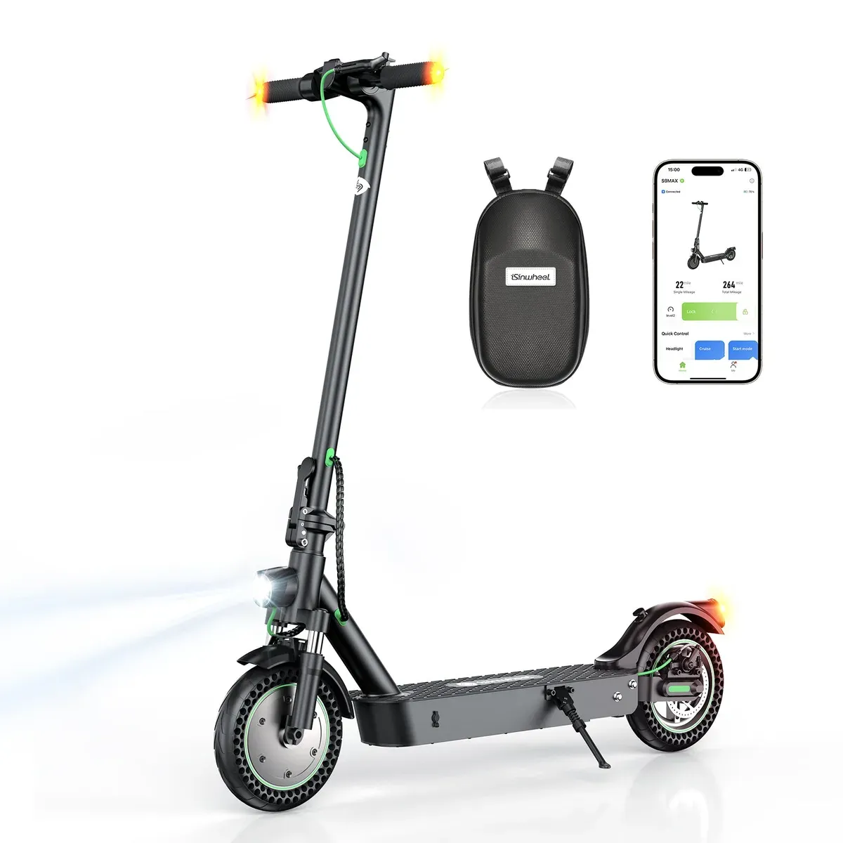Trottinette électrique isinwheel S9MAX noire à liserés verts, vue de trois quarts, avec sa fourche suspendue, son sac de guidon et l'application sur un téléphone