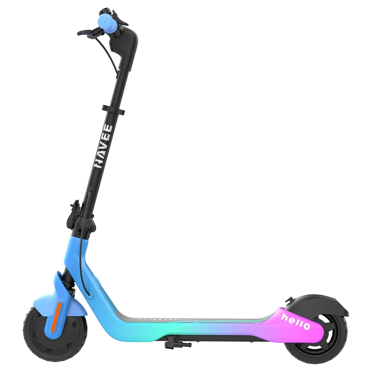 Trottinette électrique enfant Navee K100 Max bleue à plateau dégradé rose, vue de profil