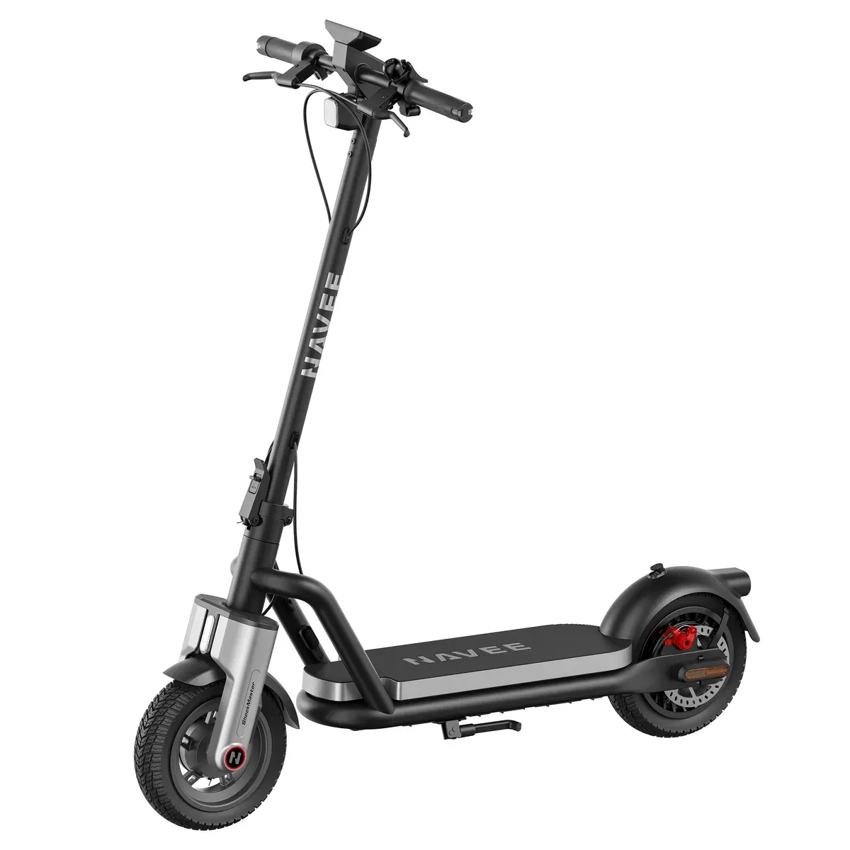 Trottinette électrique Navee N65i II dépliée, avec sa fourche avant suspendue et ses pneus larges de 10,5 pouces