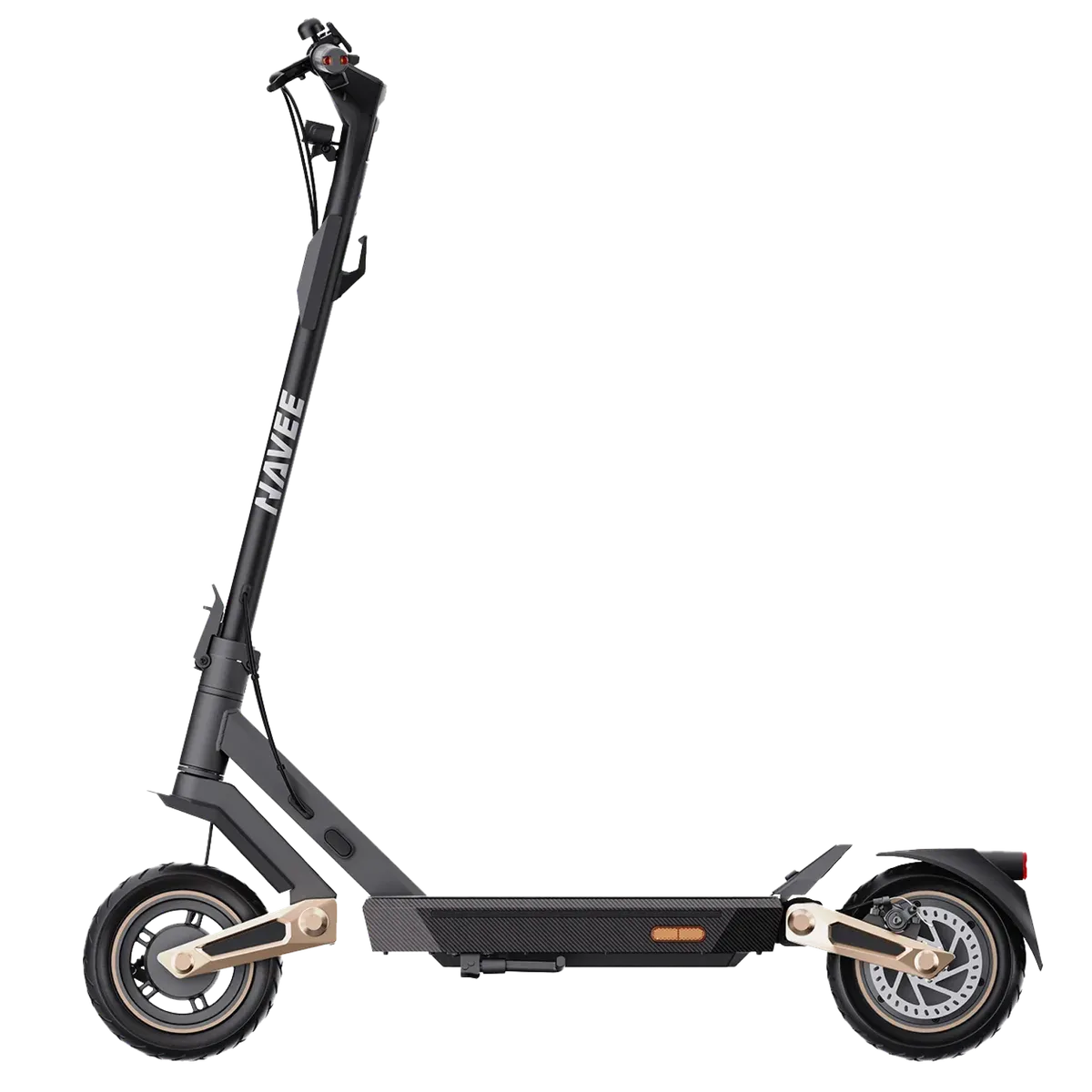 Trottinette électrique Navee ST3 Pro grise, vue de profil, avec ses bras de suspension dorés et ses roues de 10 pouces