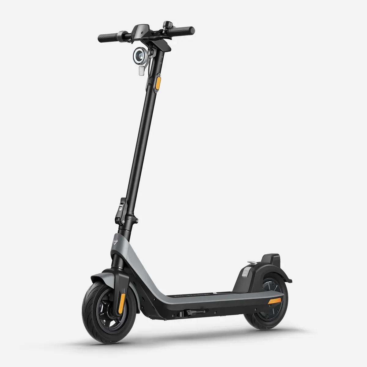 Trottinette électrique Niu KQi2 Pro grise dépliée, vue de profil, avec son phare halo et ses pneus de 10 pouces
