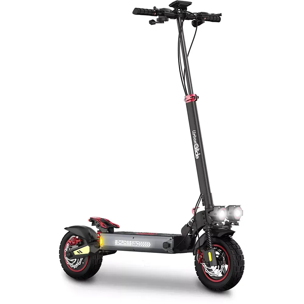 Trottinette électrique Urbanglide Ecross Go noire à liserés rouges, dépliée, vue de trois quarts avant