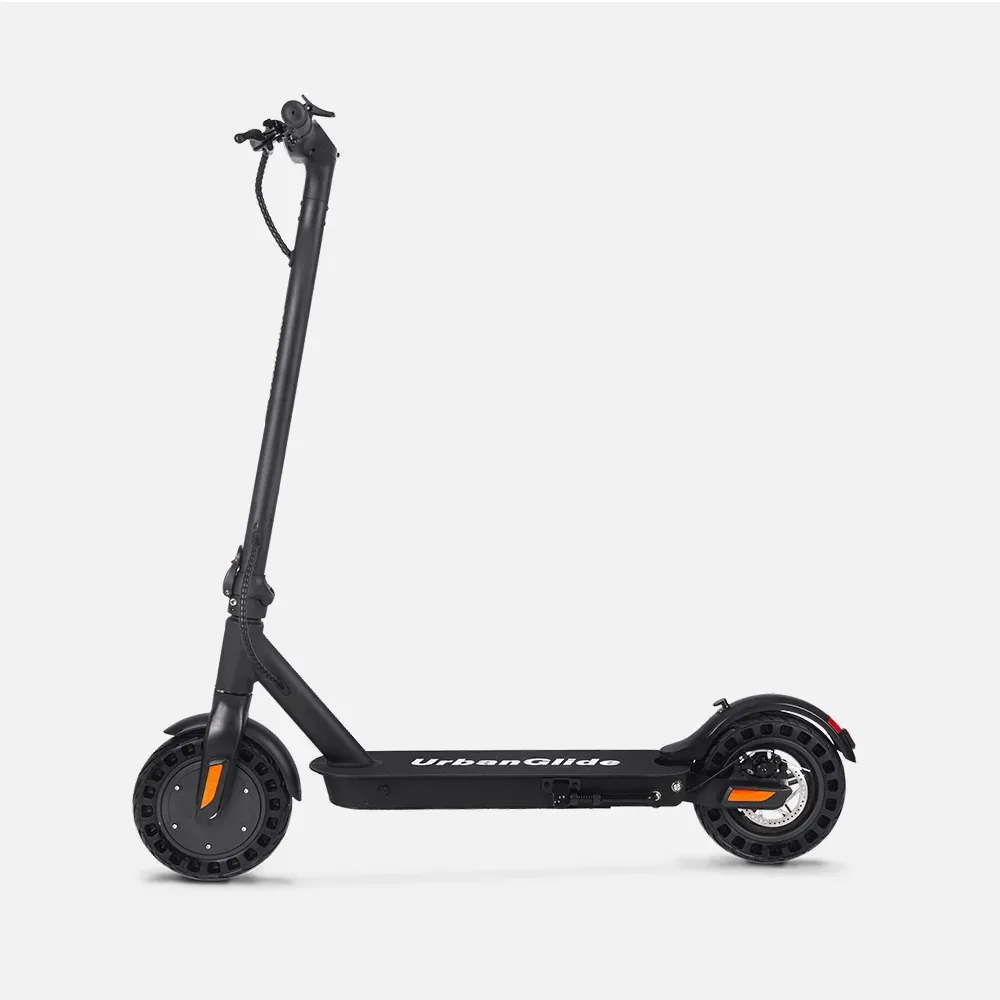 Trottinette électrique Urbanglide Ride 100 noire, vue de profil, roues pleines alvéolées